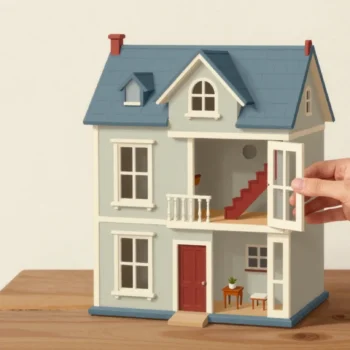 A hand holding open the front of a Victorian dollhouse to show the rooms and staircase inside