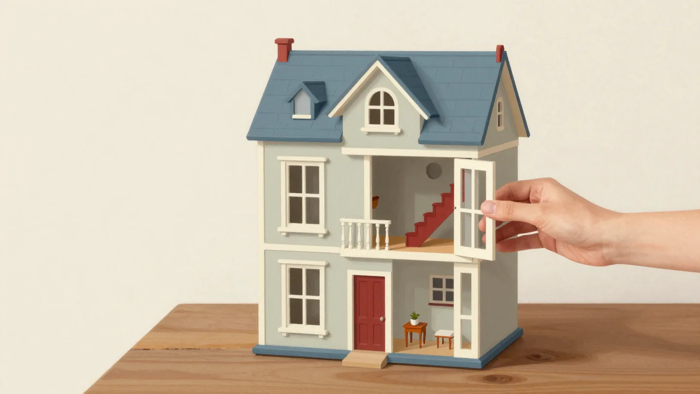 A hand holding open the front of a Victorian dollhouse to show the rooms and staircase inside