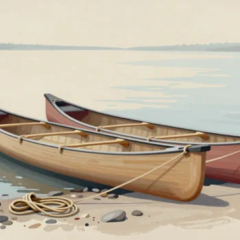 Two separate canoes are connected by a rope at the lakeshore