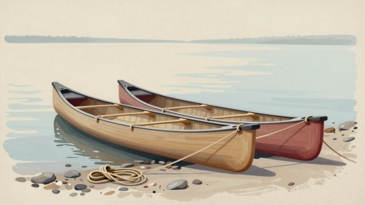 Two separate canoes are connected by a rope at the lakeshore
