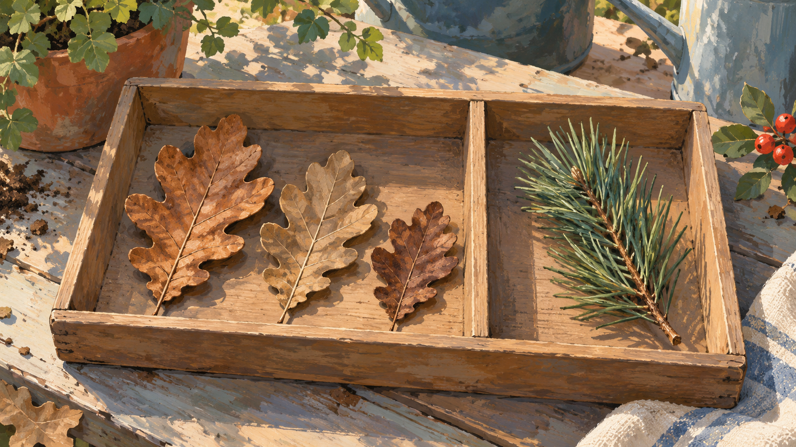 Similar oak leaves with different surface appearances share one sorting compartment