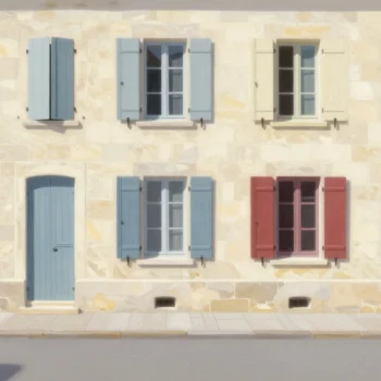 Independent shutters on a building are open or closed in different combinations