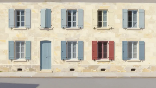 Independent shutters on a building are open or closed in different combinations
