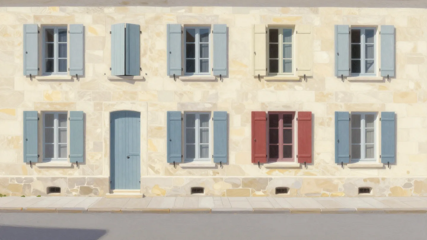 Independent shutters on a building are open or closed in different combinations