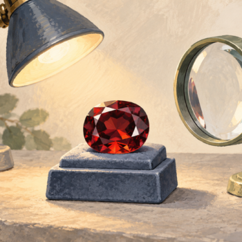 A faceted gemstone is inspected with a freestanding magnifying lens under a lamp