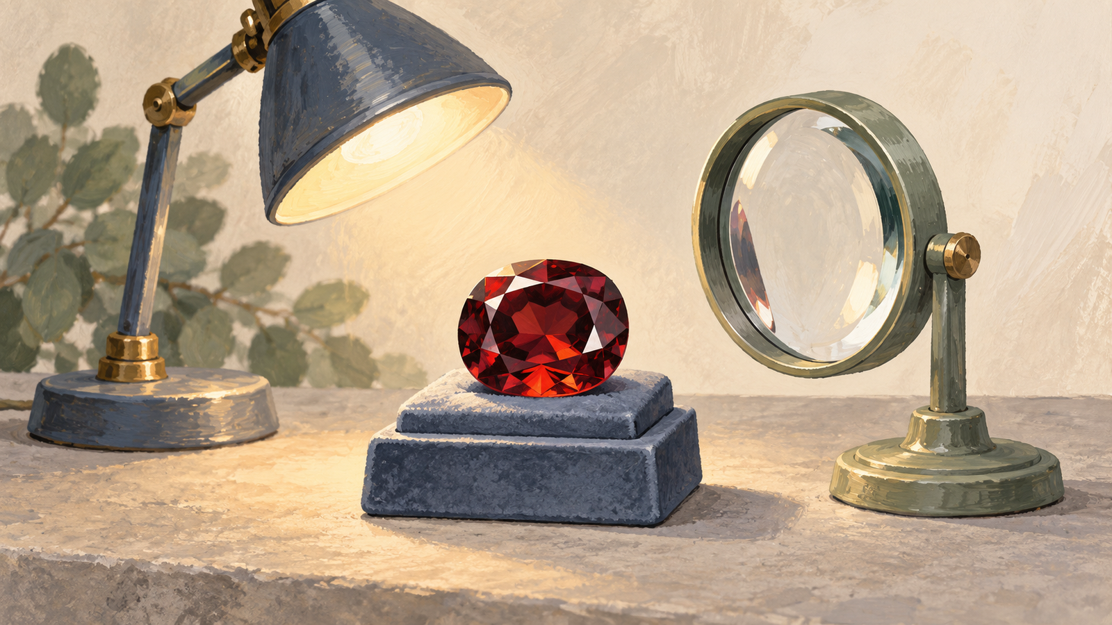 A faceted gemstone is inspected with a freestanding magnifying lens under a lamp
