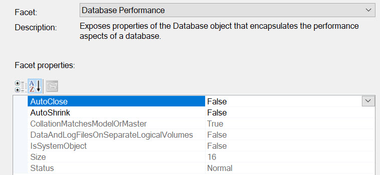 Native SSMS Database Performance facet lists seven properties including separate logical volumes