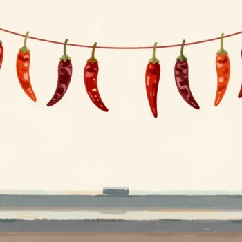 Two strings of drying chillies by a window, one twice as long, a red needle on the sill.