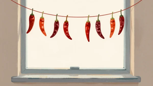 Two strings of drying chillies by a window, one twice as long, a red needle on the sill.