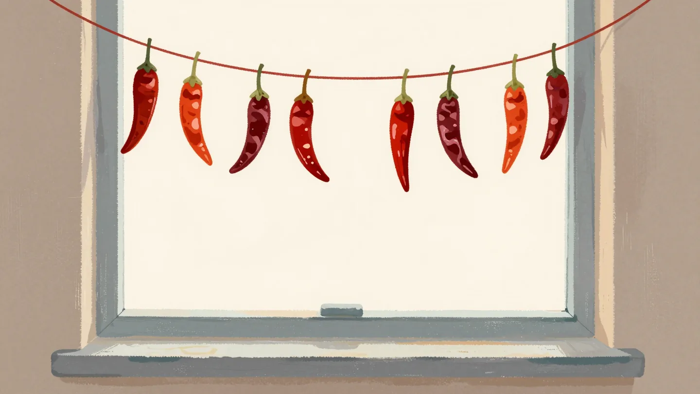 Two strings of drying chillies by a window, one twice as long, a red needle on the sill.