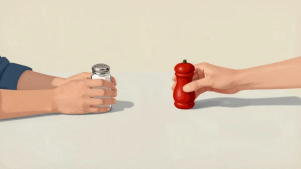 Two hands across a table, one holding salt and one holding a red pepper shaker, each reaching for the other's.