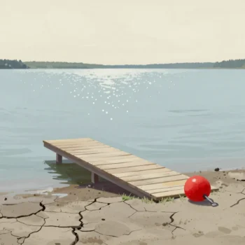 A boat ramp ending in dry cracked mud with a red buoy at its foot, the lake shrunk far away