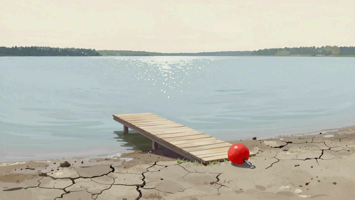 A boat ramp ending in dry cracked mud with a red buoy at its foot, the lake shrunk far away