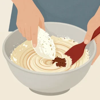 A bowl of cake batter, a big scoop of flour and a small spoon of cocoa going in, the mix turning only faintly brown.
