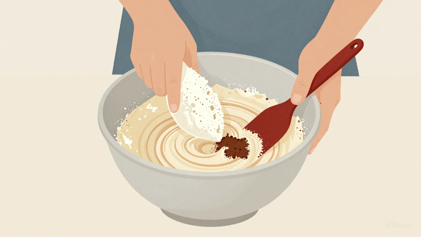 A bowl of cake batter, a big scoop of flour and a small spoon of cocoa going in, the mix turning only faintly brown.