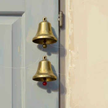 A front door with two identical brass doorbells, one polished and gleaming, the other dull with a small cobweb.