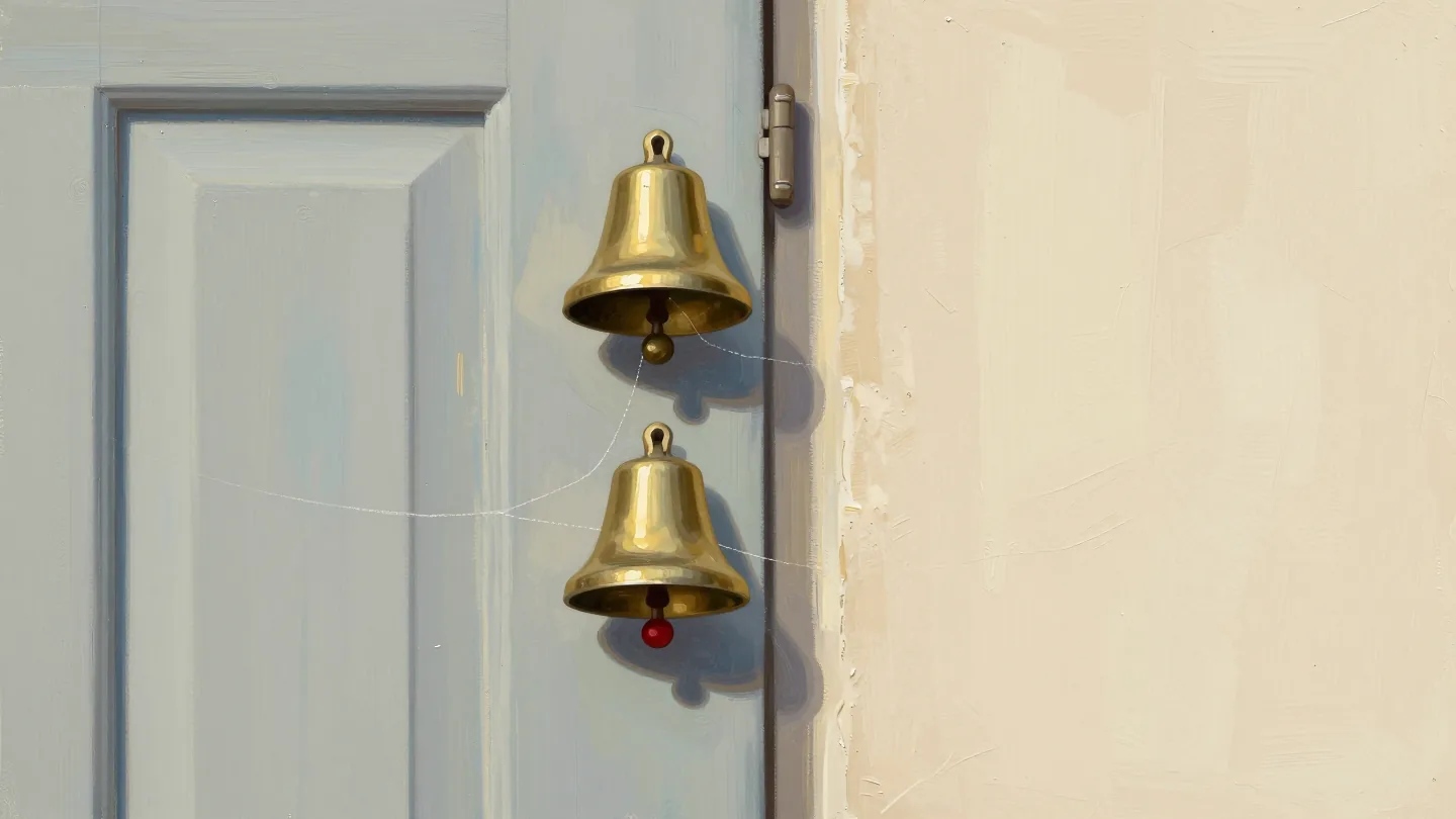 A front door with two identical brass doorbells, one polished and gleaming, the other dull with a small cobweb.