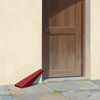 A heavy door propped open by a red wedge that has quietly slid across the floor.