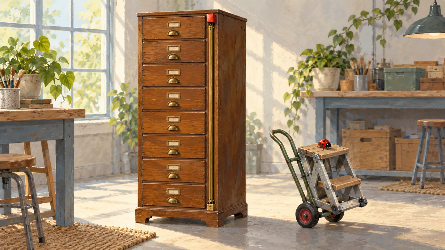 A ladybug rides away on an unused step stool after a cabinet slider is fixed at the top