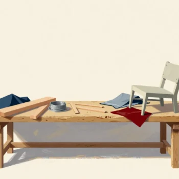 A workshop bench holds materials and a small chair being worked on temporarily