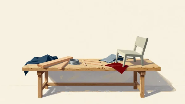 A workshop bench holds materials and a small chair being worked on temporarily