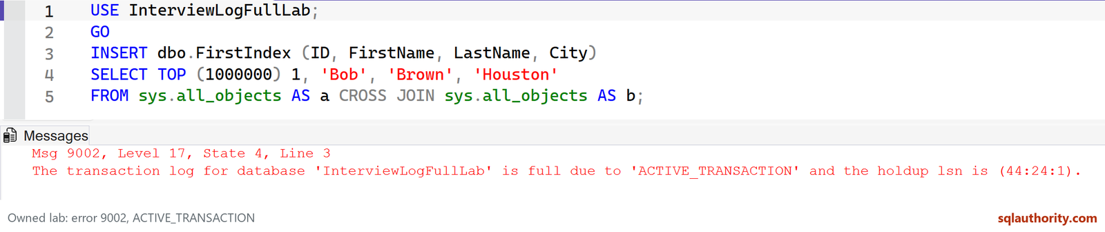 Real SSMS INSERT and full error9002ACTIVE_TRANSACTION from the owned eightMBloglab