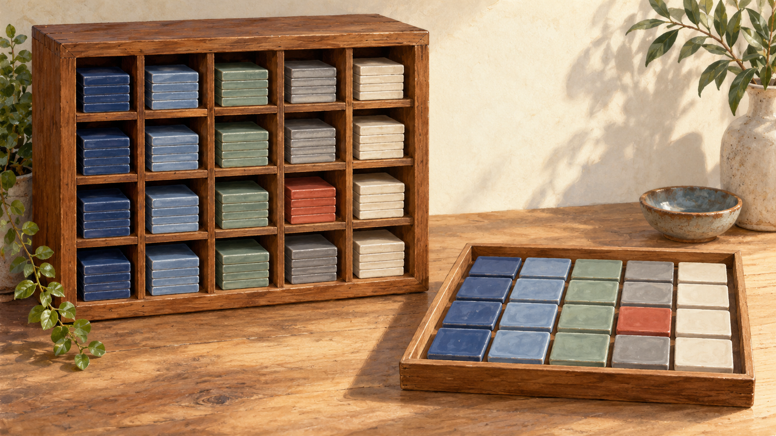 Tiles from an organized cabinet are copied into a matching grid in a tray