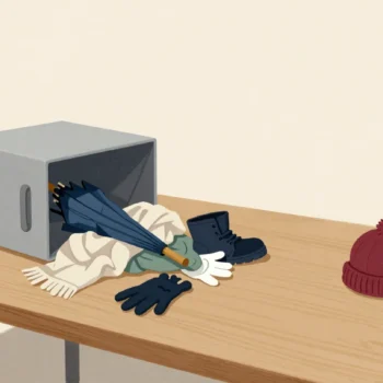 Hands sorting a tipped-out lost property box into heaps of umbrellas, gloves and scarves on a table