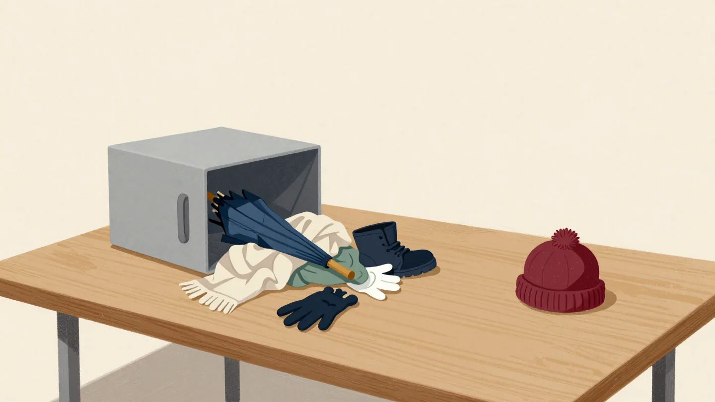 Hands sorting a tipped-out lost property box into heaps of umbrellas, gloves and scarves on a table