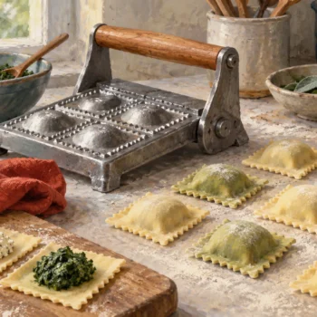 A ravioli press fitting different fillings into separately formed pasta parcels