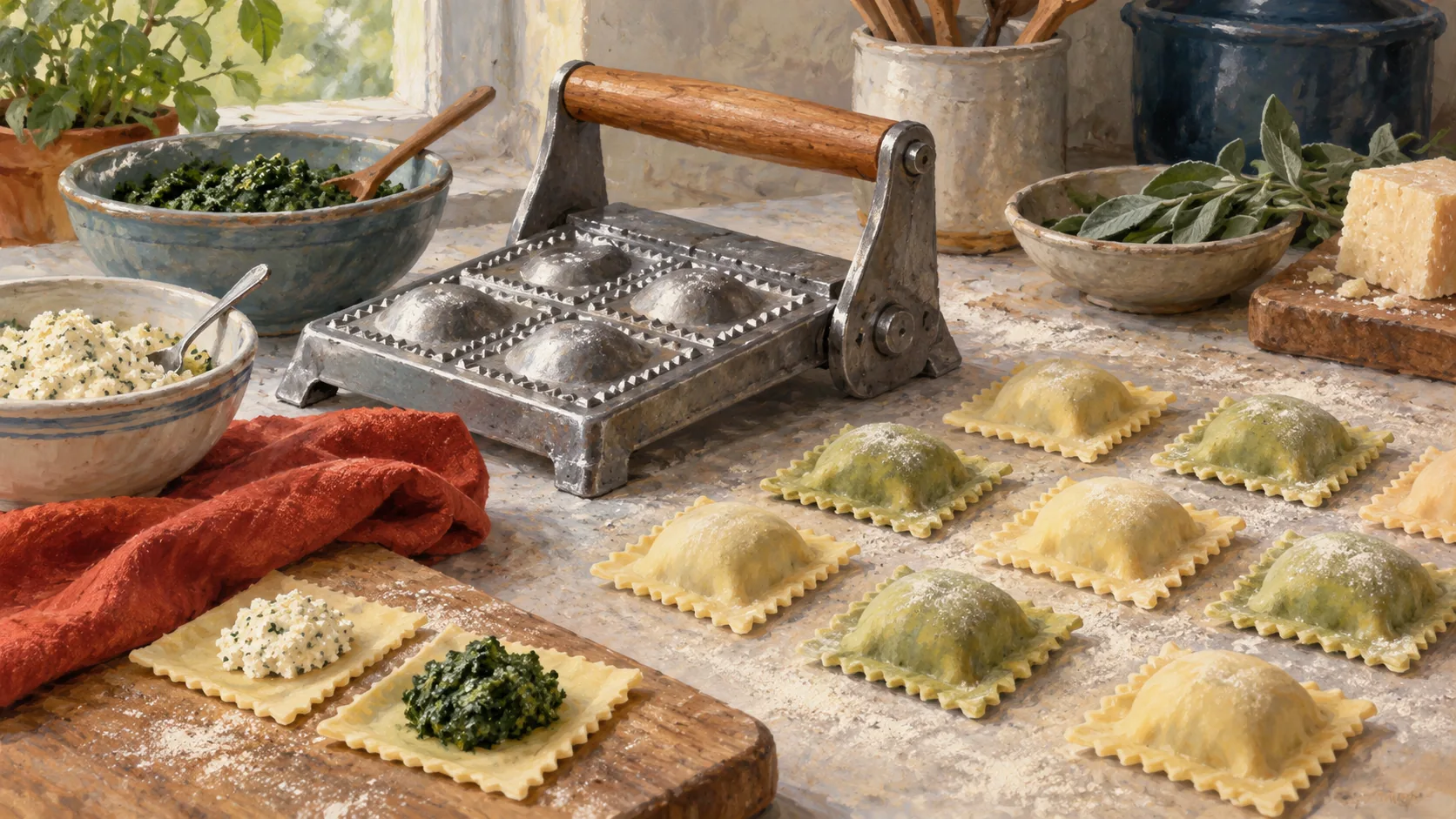 A ravioli press fitting different fillings into separately formed pasta parcels