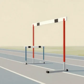 A single lane of hurdles on a running track, each one higher than the last, the tallest one vermilion.