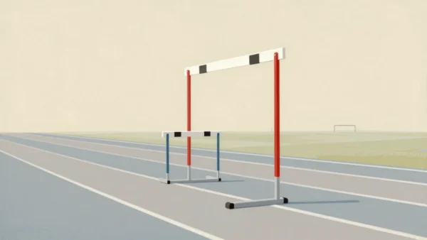A single lane of hurdles on a running track, each one higher than the last, the tallest one vermilion.