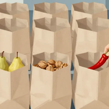 A market stall of identical brown paper bags, a hand opening them one by one to find what is inside.
