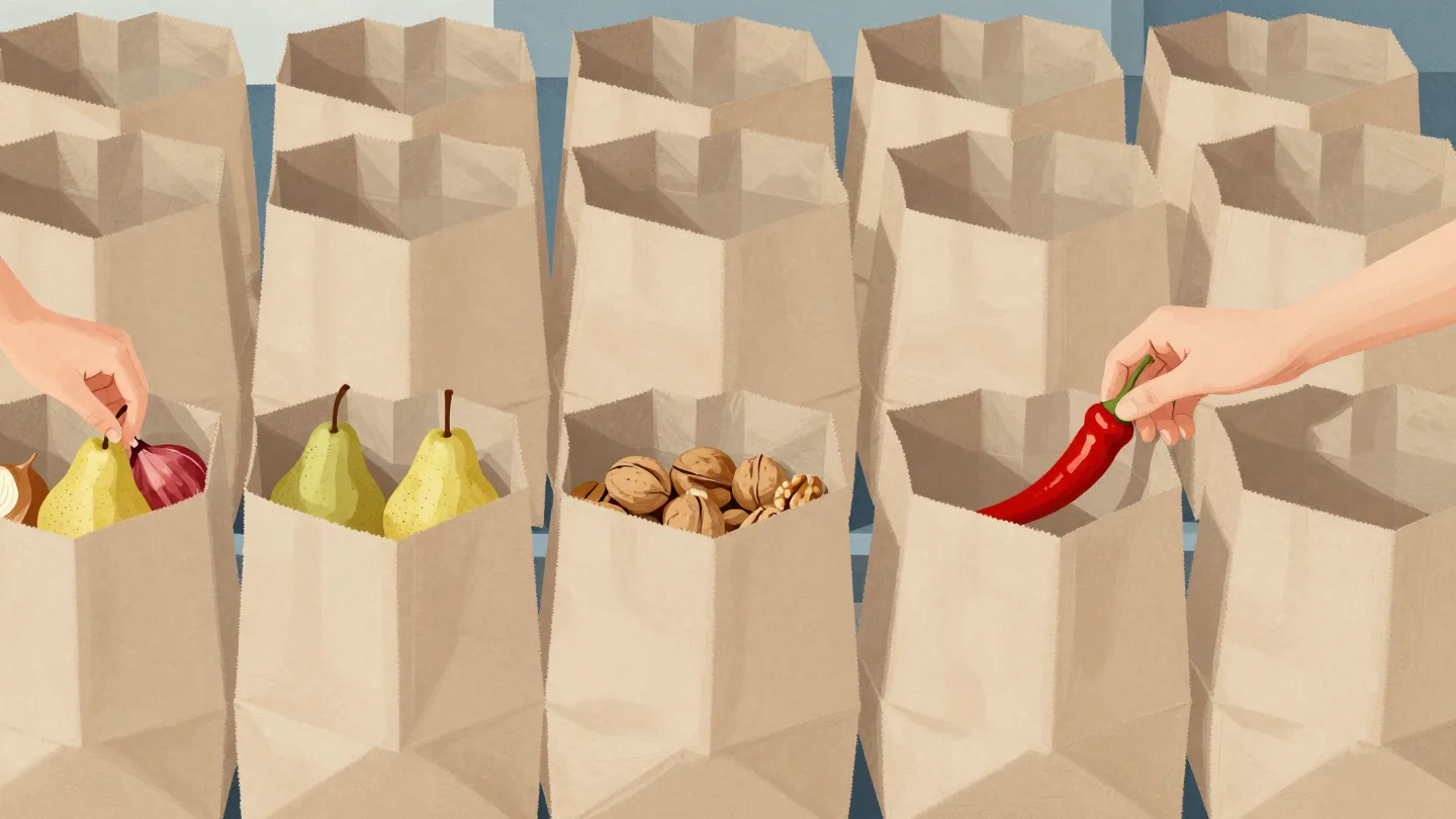 A market stall of identical brown paper bags, a hand opening them one by one to find what is inside.