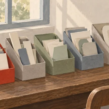 Gouache painting of open cardboard folders on a desk holding cards of different shapes, a brass key beside them and one vermilion folder.