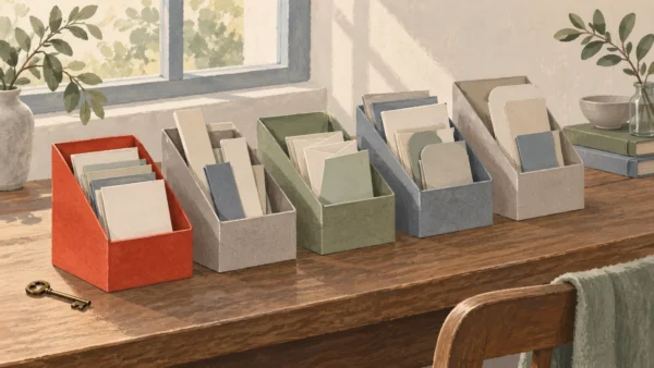 Gouache painting of open cardboard folders on a desk holding cards of different shapes, a brass key beside them and one vermilion folder.