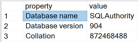 Original option2 returns database name internal version and collation value