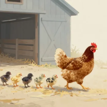 A hen leads its associated chicks out of a barn