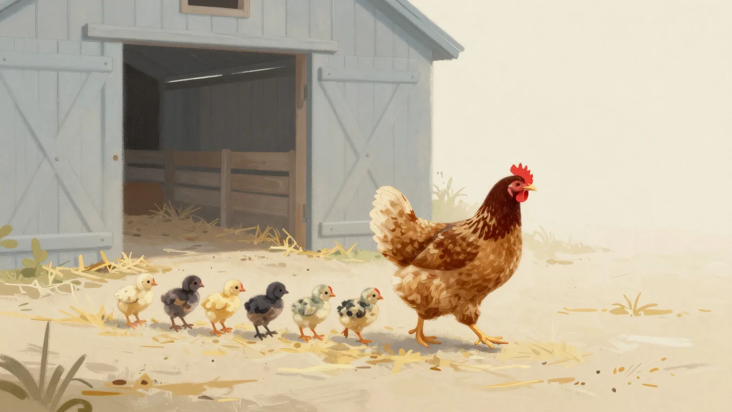 A hen leads its associated chicks out of a barn