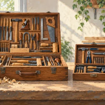 A full workshop toolkit beside a smaller toolkit for a finished project