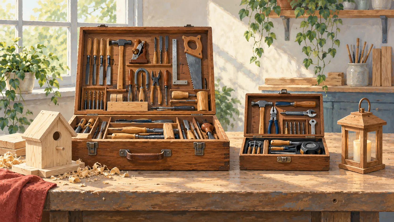 A full workshop toolkit beside a smaller toolkit for a finished project