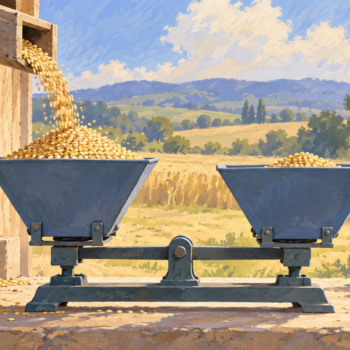 Grain flowing into a hopper illustrates a measured transfer