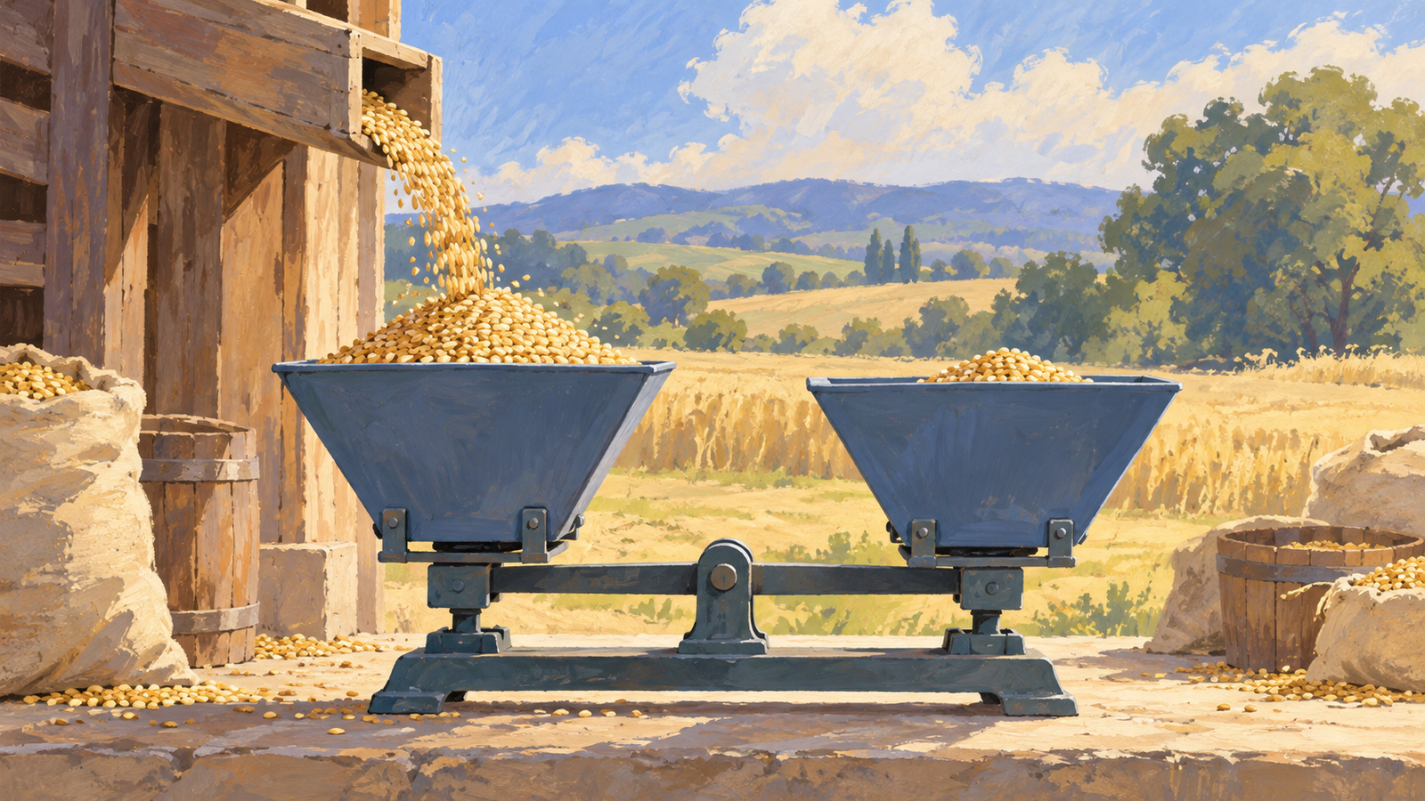 Grain flowing into a hopper illustrates a measured transfer