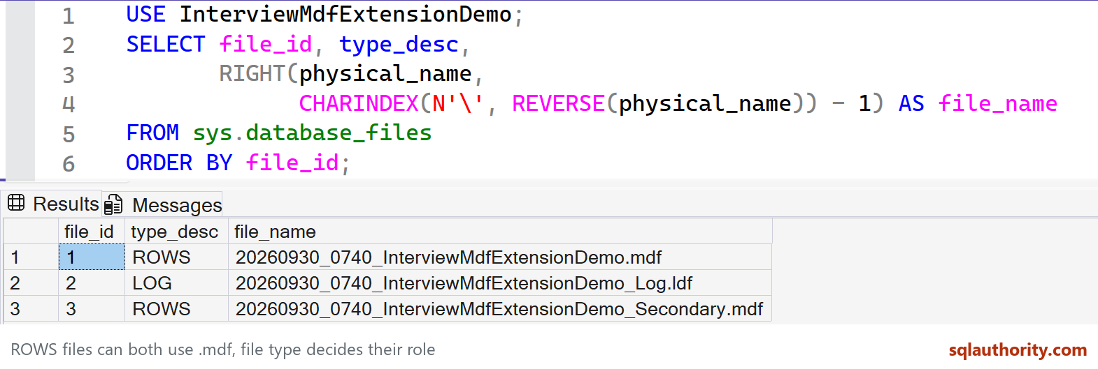 Native SSMS query and three rows showing two ROWS files ending in mdf and one LOG file ending in ldf