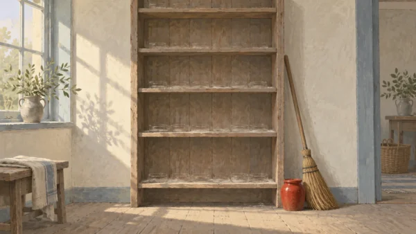 Gouache painting of an empty pantry shelf with dust outlines of missing jars, a broom, and one vermilion jar left on the floor.