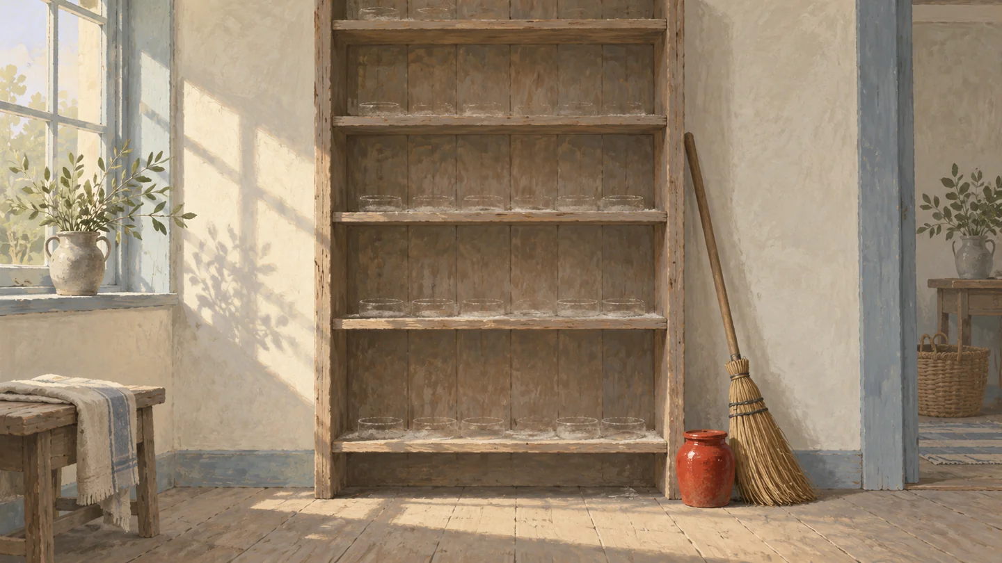 Gouache painting of an empty pantry shelf with dust outlines of missing jars, a broom, and one vermilion jar left on the floor.
