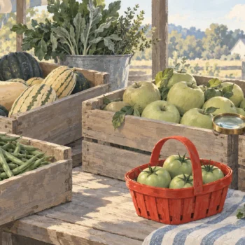 Gouache painting of a farm produce stand with crates of vegetables, a brass magnifying glass on one crate and a vermilion basket of chosen tomatoes.