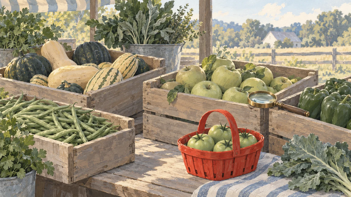 Gouache painting of a farm produce stand with crates of vegetables, a brass magnifying glass on one crate and a vermilion basket of chosen tomatoes.