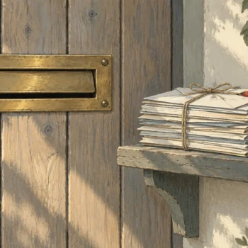 Gouache painting of a brass mail slot beside a tied bundle of envelopes, with one vermilion envelope sticking out at an angle.